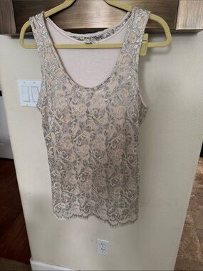 Boston Proper Blush Pink Lace Overlay Tank with Silver Sequin Detail